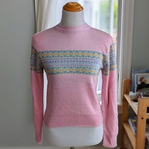 Vintage Berries 70s 80s Kawaii Floral Fair Isle Flowers Pastel Sweater Pink VTG.